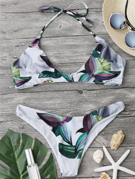 22 Off 2022 Halter Tropical Leaf Print Bikini In Floral Zaful