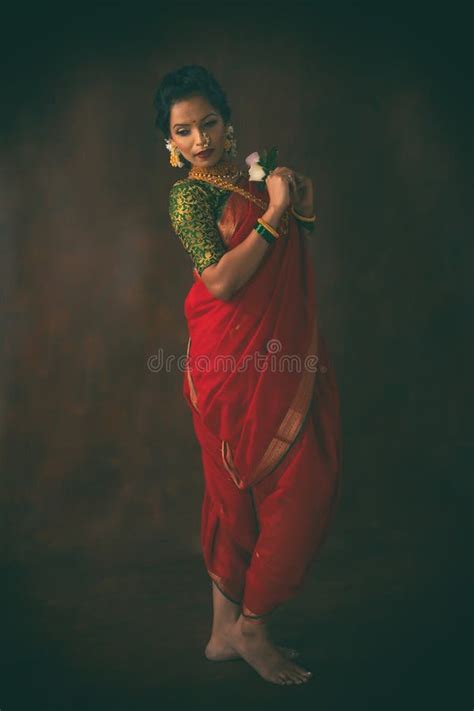 Young Indian Female In Red Traditional Saree Stock Image Image Of
