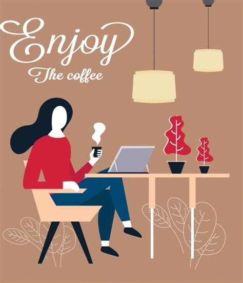 Break Time Banner Woman Drinking Coffee Icon Vectors Graphic Art