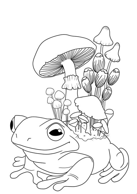 A Frog Sitting On The Ground Next To Mushrooms And Mushrooms In Black