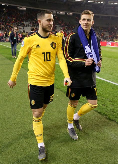 Down in the stands, kevin de bruyne expressed the way they all felt: Eden Hazard and his brother Thorgan Hazard of Belgium ...