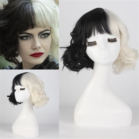 movie cruella wig half black and white wigs for costume cosplay women girls short curly hair