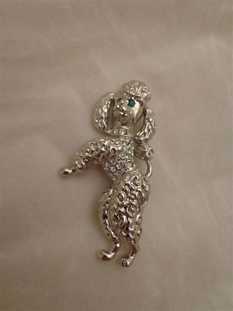 Lovely Toy Poodle Brooch Pin W Green Rhinestone Eyes From