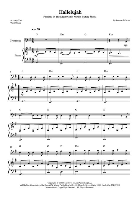 Hallelujah Arr Walt Oliver By Leonard Cohen Sheet Music For Trombone