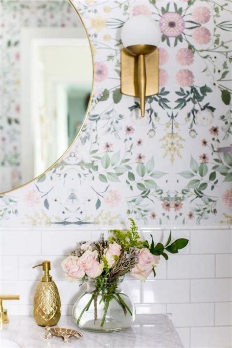 Gold Mirror Gold Sconce Floral Wallpaper Bathroom Remodel