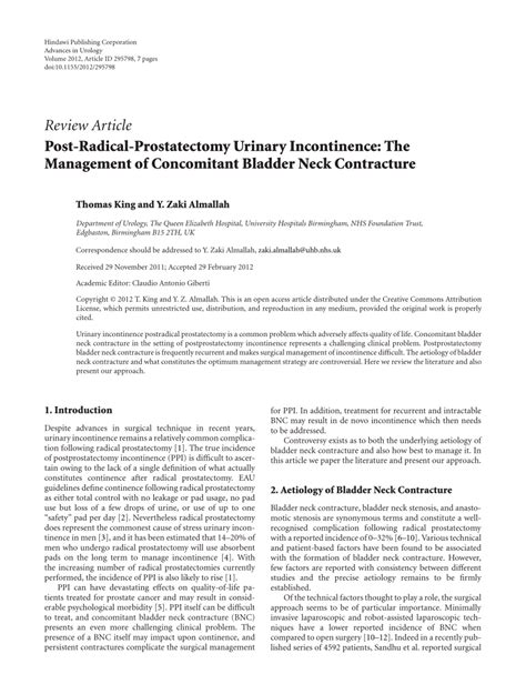 Pdf Post Radical Prostatectomy Urinary Incontinence The Management Of Concomitant Bladder