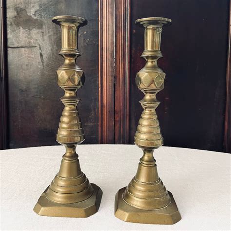 Pair Of Antique Brass King Of Diamond Candlesticks Love After Love