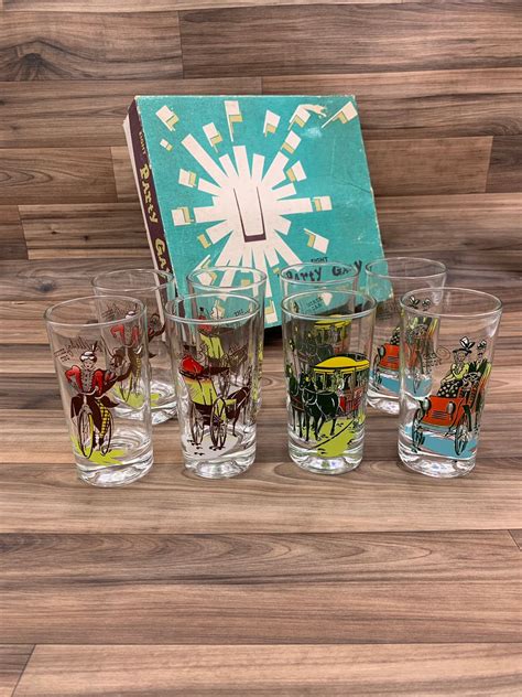 Mid Century Glassware Party Tumblers By Anchor Hocking Gay 90s Pattern Glass Automobile