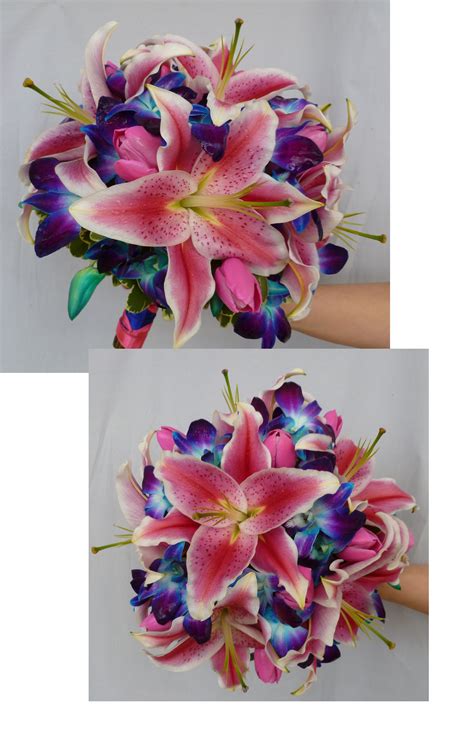 Posy Wedding Bouquet With Stargazer Lilies Pink Tulips And Blue