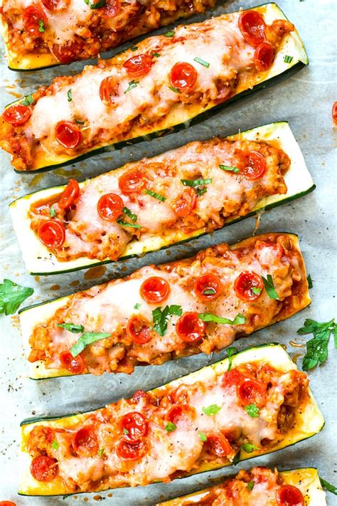 How to eat healthy on a budget. Pizza Zucchini Boats with Pepperoni and Sausage {Low-Carb}