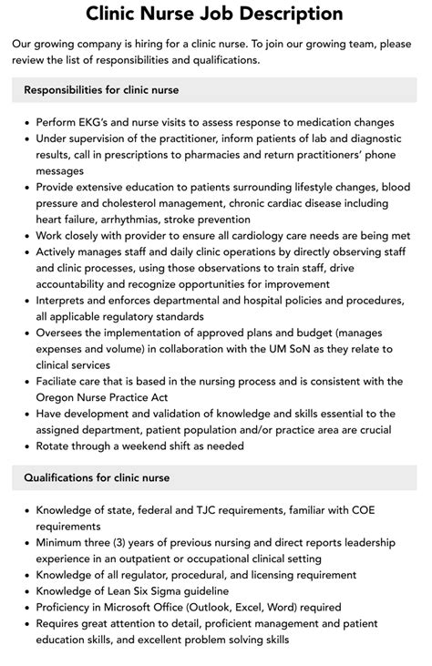 Clinic Nurse Job Description Velvet Jobs