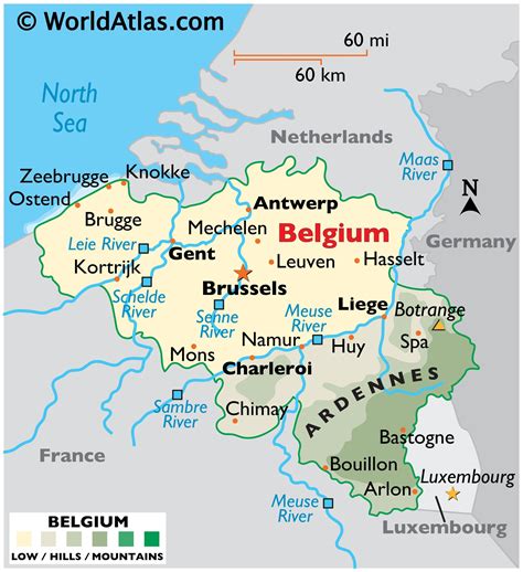 Physical map of belgium showing major cities, terrain, national parks, rivers, and surrounding countries with international borders and outline maps. Belgium Large Color Map