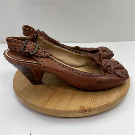 Frye Womens Brown Maya Vintage Stud Leather Peep Toe Slingback Heels