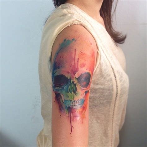 Girls Shoulder Watercolor Skull Tattoo Tattoomagz › Tattoo Designs