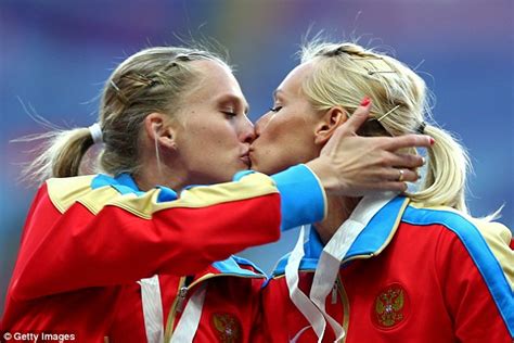 female russian athletes kissing after relay victory at world championships causes homophobic