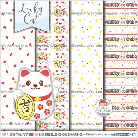 Lucky Cat Digital Paper Maneki Neko Paper Chinese Pattern Etsy