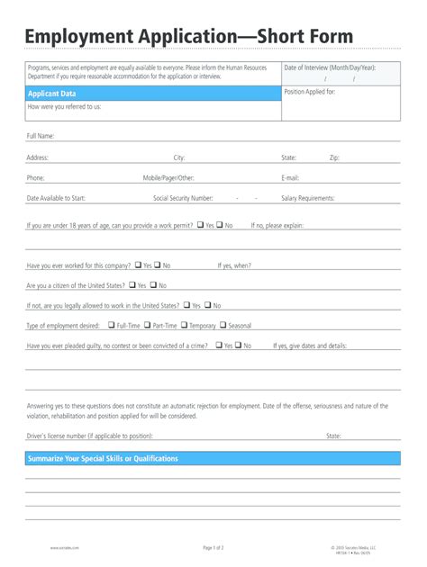 Employment Application Short Form Fill Online Printable Fillable