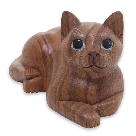 Hand Carved Wood Cat Sculpture From Balinese Artisan Short Haired Cat
