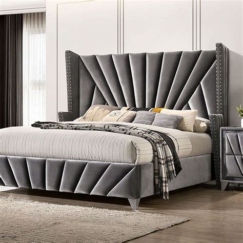 Cm7164q Carissa Gray Fabric Upholstered Art Deco Style Design Queen Bed