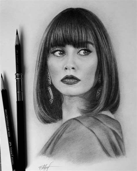 A Pencil Drawing Of A Woman With Bangs