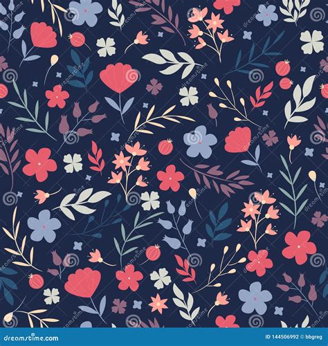 Floral Pattern Pretty Flowers On Dark Blue Background Printing With