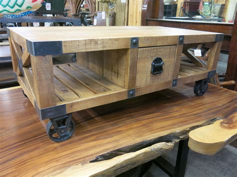 A Wooden Table With Wheels On It In A Store