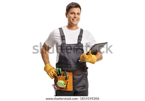 Repairman Tool Belt Holding Clipboard Isolated Stock Photo 1814199206