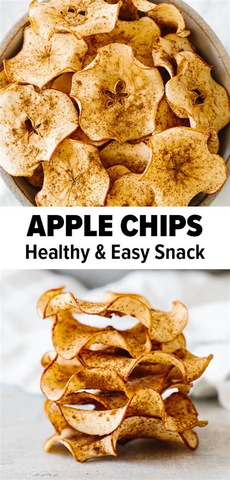 Baked Apple Cinnamon Chips In A Bowl With Text Overlay That Reads Baked