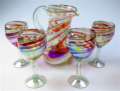 Wine Glass Hand Blown 14oz Red And White Swirl Iridescent Set Of Four Hand Blown In Mexico By