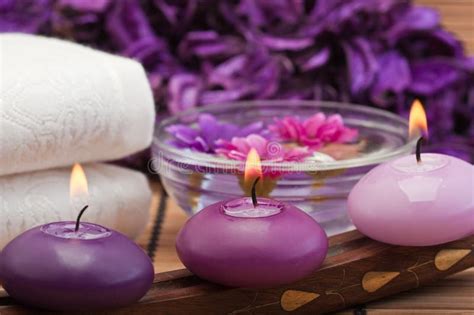 Purple Candles And Flowers In Spa Setting 1 Stock Image Image Of