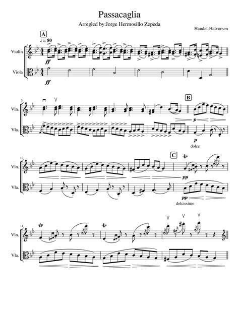 Handel Harvolsenpassacaglia Sheet Music For Violin Viola String Duet