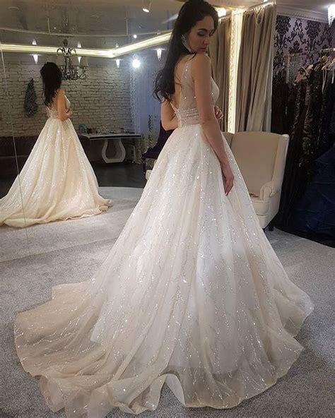 Sparkly Sequin A Line Gorgeous Tulle V Back Wedding Dresses Kx658