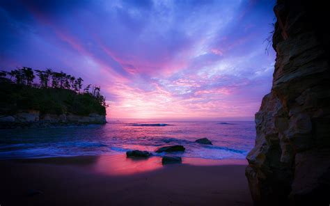 Desktop Wallpaper Purple Sky, Sunset, Nature, Beach, Hd Image, Picture, Background, 2xa54v