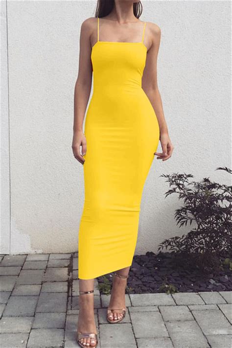 Yellow Fashion Sexy Sling Slim Dress Long Bodycon Dress Summer Maxi Dress Party Dress Long