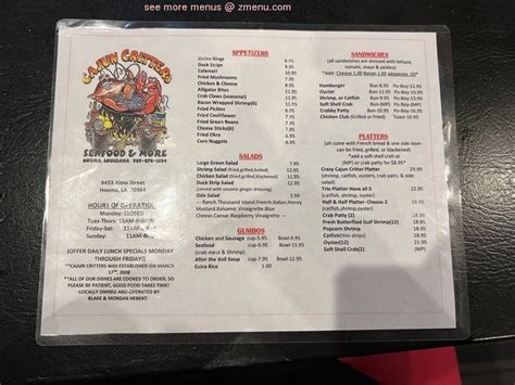 Online Menu Of Cajun Critters Restaurant Houma Louisiana 70364 Zmenu