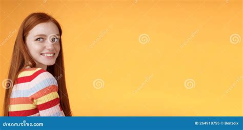 Tender Romantic Carefree European Redhead Girlfriend Turning Behind Look Left Amused Smiling