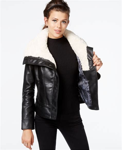Guess Faux Fur Collar Faux Leather Jacket In Black Lyst