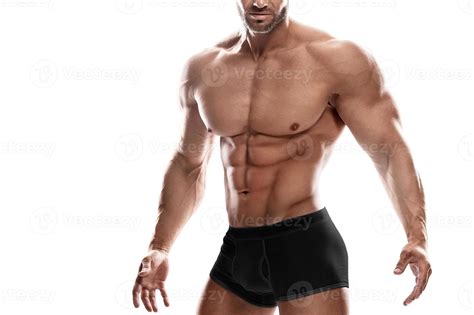 Muscular Man Wearing Black Underwear Posing Against White Background Stock Photo At