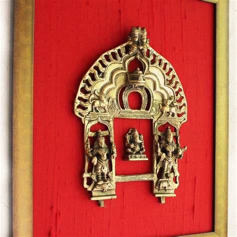 Magnificent Framed Brass Temple Prabhavali With Worshippers And Lord Gan