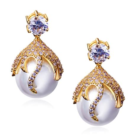 buy women fashion earring gold plated with white cubic zirconia and imitation