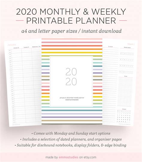 2020 Weekly And Monthly Planner Printable Timetable Hourly Etsy