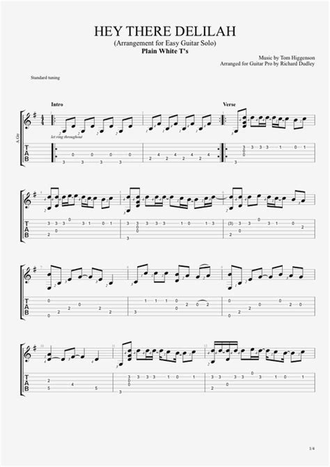 Hey There Delilah By Plain White Ts Easy Solo Guitar Guitar Pro Tab
