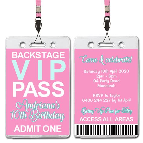 VIP Lanyard Pass Pink Party Birthday Invitations X Etsy