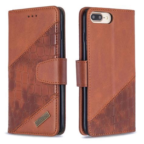 Iphone 8 Plus Crocodile Leather Wallet Case Brown