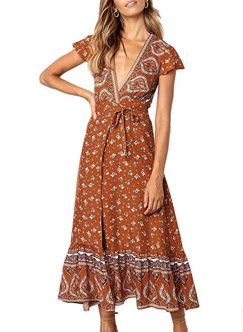 Zesica Womens Bohemian Floral Printed Wrap V Neck Short Sleeve Split Beach Party Maxi Dress At