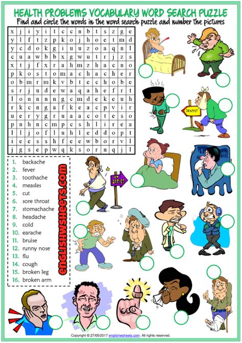 Health Problems Esl Word Search Puzzle Worksheet For Kids