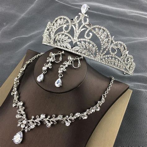Silver Bridal Crystal Zircon Crown Wedding Tiara Necklace Earrings