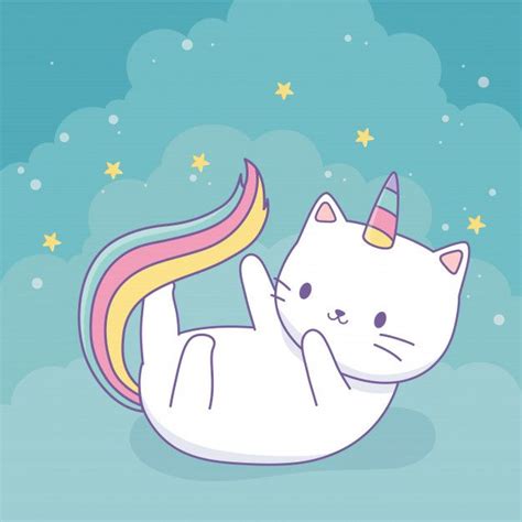 Cute Cat With Rainbow Tail Kawaii Character Desenhos De Animais Fofos