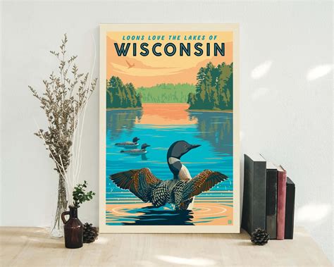 Wisconsin Travel Poster Loons Love The Lakes Vintage Print Etsy