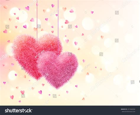 Pink Fluffy Vector Hearts Pair On Light Bokeh Background